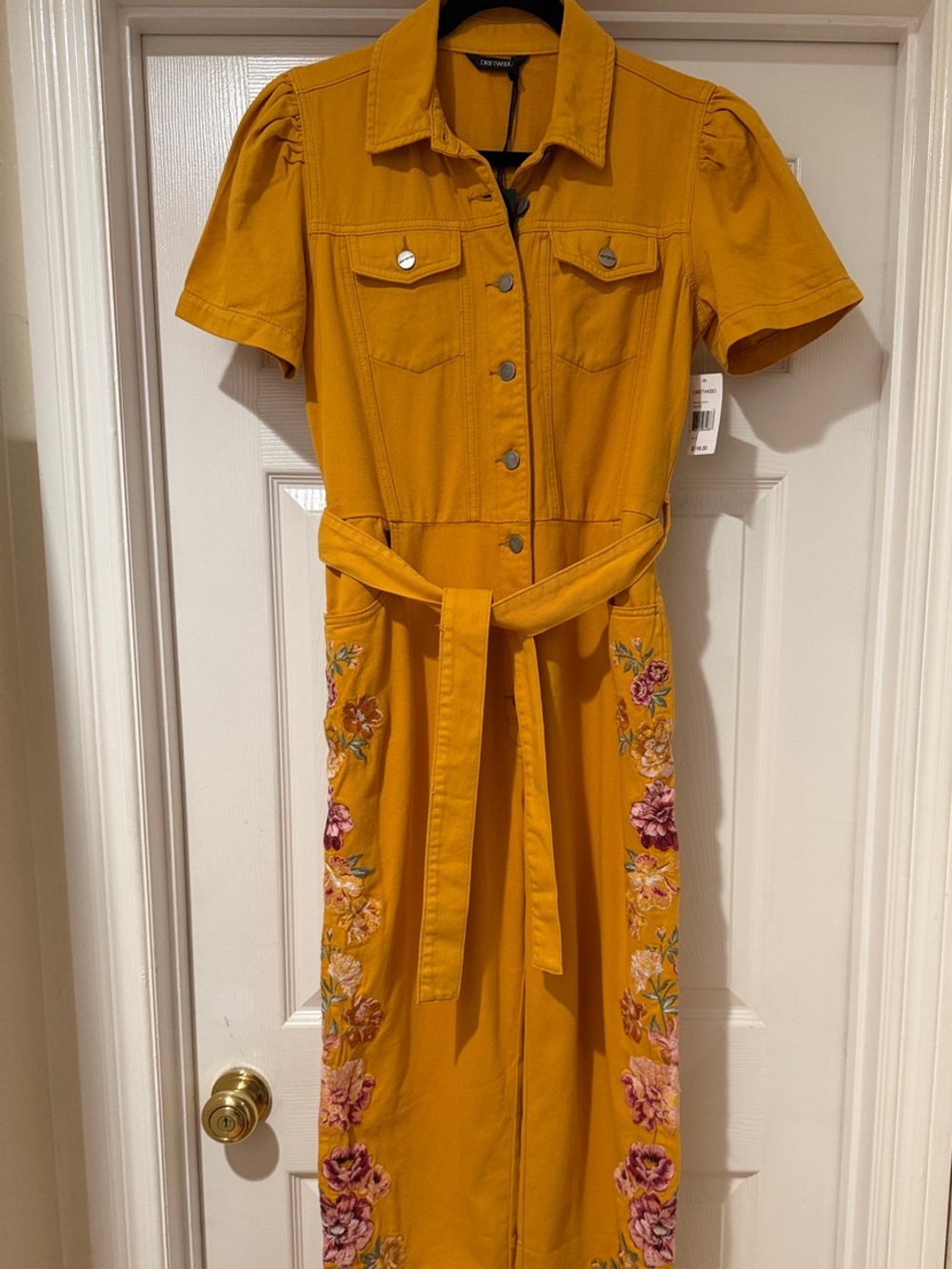 Driftwood Denim Jumpsuit with Floral Embroidery